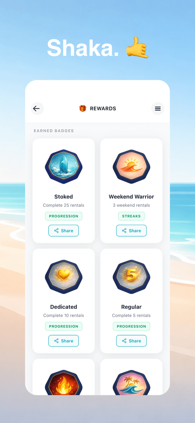 SurfUp app showing a completed rental and rewards screen